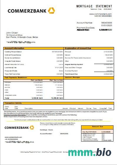 Belize Bank Commerzbank wyciąg z kredytu hipotecznego szablon Word i PDF